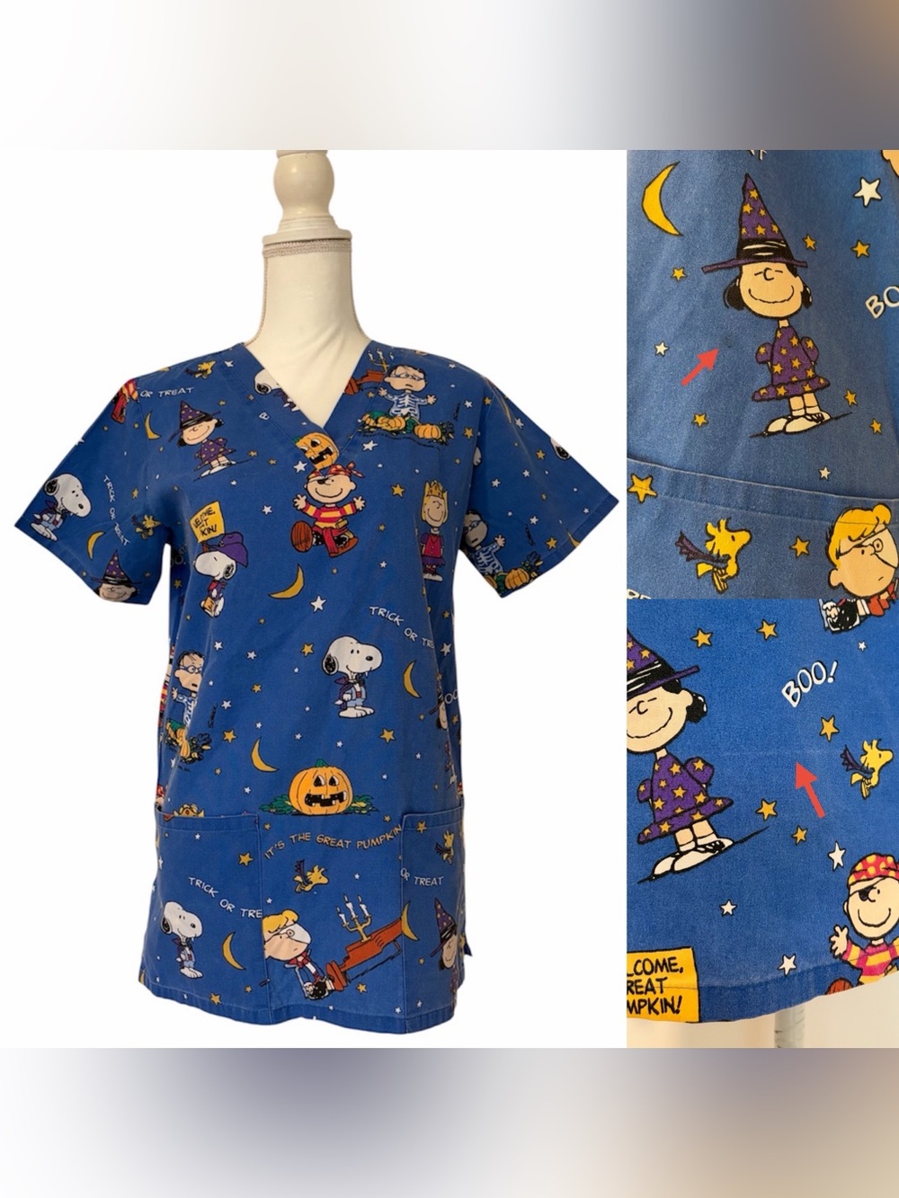 Peanuts Halloween-themed Nursing Scrub Top with Snoopy and Charlie Brown Print